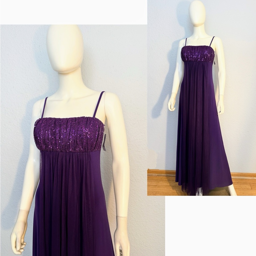 NWT Elegant A-Line Maxi Dress Spaghetti Strap Sequin Bodice Formal Gown Purple‎